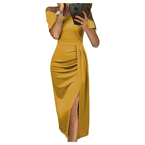 QREXVOG Frauen Lässige Kleider Sommer Schlankes One-Shoulder-Schlitz Taillenkleid Halb Formelles Maxikleid von QREXVOG