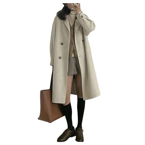 QREXVOG Frauenwolle Erbsenmäntel Wollmantel Langer Oberteil Loser Anzug Halsband Wollmantel Knie Länge von QREXVOG
