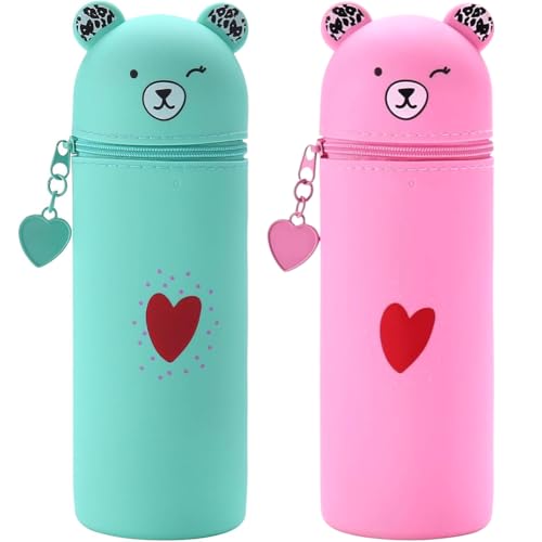 QRKPVHD 2 Stück Kawaii Bär Federmäppchen 2 in 1 aus weichem Silikon, Cartoon Bleistifthalter, Schlampermäppchen Ständer up Stifteköcher, für Schülerin Teenager, Jugendliche, Erwachsene von QRKPVHD