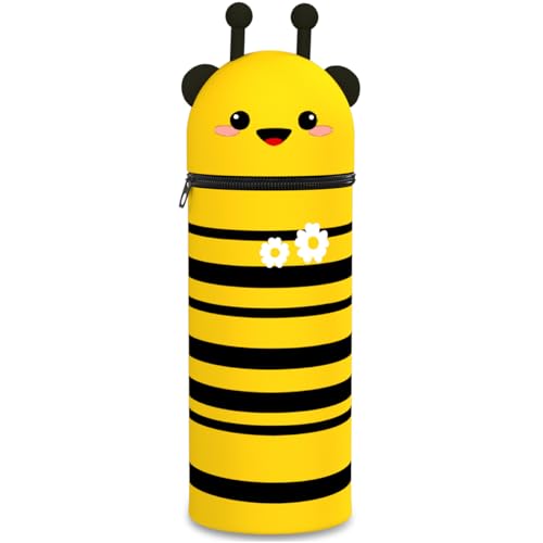 QRKPVHD 2-in-1 Weiche Federmäppchen - Kawaii mäppchen, Silikontasche, Federmäppchen, Stand Up Federmäppchen, Tier Stifthalter, Stifthalter Bleistifttasche Mädchen Junge (Biene) von QRKPVHD