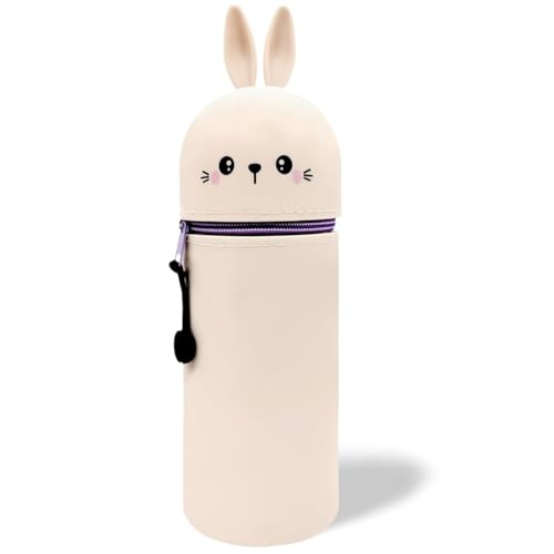 QRKPVHD Kawaii Federmäppchen, mäppchen, 2-in-1 Weiche Silikontasche, Federmäppchen, Stand Up Federmäppchen, Tier Stifthalter, Stifthalter Bleistifttasche Mädchen Junge (Kaninchen) von QRKPVHD