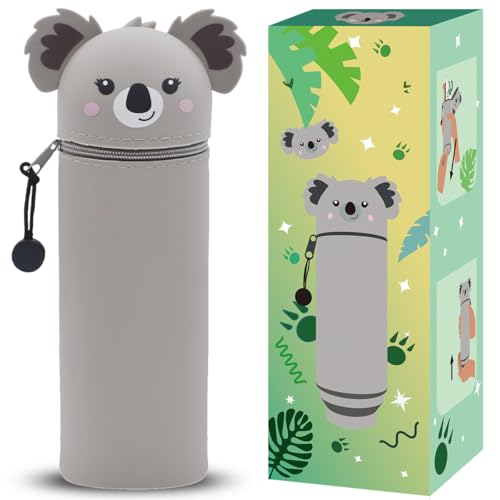 QRKPVHD 2-in-1 Weiche Silikontasche - Kawaii Federmäppchen - mäppchen, Federmäppchen, Stand Up Federmäppchen, Tier Stifthalter, Stifthalter Bleistifttasche Mädchen Junge (Graues Kaninchen) von QRKPVHD