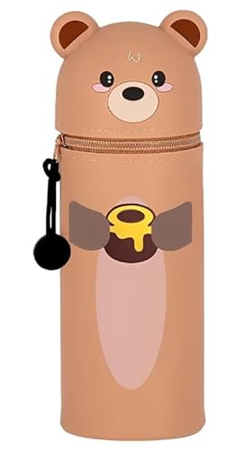 QRKPVHD 2-in-1 Weiche Silikontasche - Kawaii Federmäppchen - Stand Up Federmäppchen, Tier Stifthalter, Stifthalter Bleistifttasche Mädchen Junge (Honigtopf Bär) von QRKPVHD