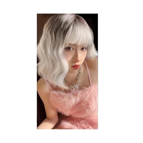 10 Zoll Bob Perücke mit Pony Kurze Perücken for Frauen Lockeres gewelltes Kunsthaar for Mädchen Cosplay(Gray white) von QRSTUVXZY