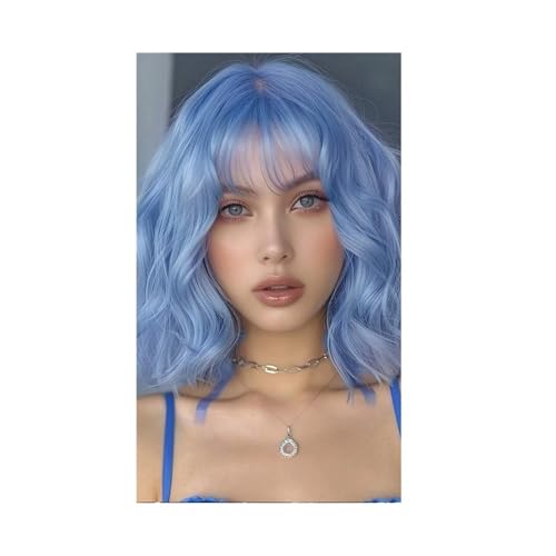 10 Zoll Bob Perücke mit Pony Kurze Perücken for Frauen Lockeres gewelltes Kunsthaar for Mädchen Cosplay(Light blue) von QRSTUVXZY