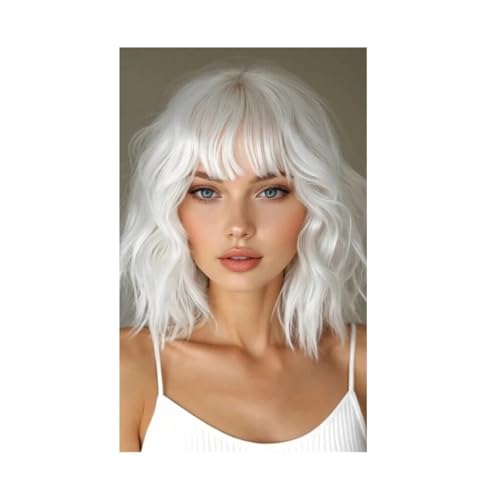 10 Zoll Bob Perücke mit Pony Kurze Perücken for Frauen Lockeres gewelltes Kunsthaar for Mädchen Cosplay(White) von QRSTUVXZY