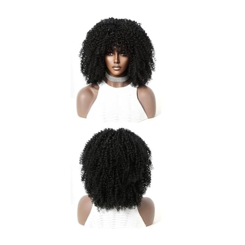 12 Zoll kurze lockige Afro-Perücke mit Pony for schwarze Frauen, verworrene lockige Haarperücke, Afro-Synthetik-Vollperücken(Black) von QRSTUVXZY