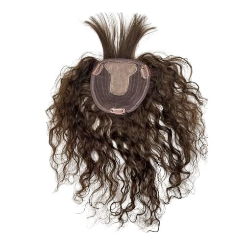 12 x 14 cm Haarteil mit Seidenbasis for Frauen mit dünner werdendem Haar, Echthaarteil, langes, lockiges, gewelltes Clip-in-Haarteil for dünnen Haarausfall(Dark Brown,14 inch) von QRSTUVXZY