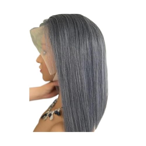 13x4 Graue Bob-Perücke aus Echthaar, kurze, glatte, klebefreie, transparente Frontalperücke, 150 Dichte for Frauen Hair Extensions(16inch) von QRSTUVXZY
