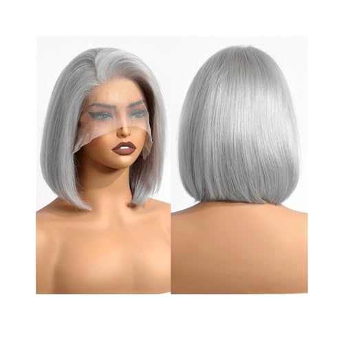 13x4 Lace Front Echthaarperücken Silberne kurze glatte Bob Lace Frontalperücken for Frauen Täglicher Gebrauch Remy Echthaar von QRSTUVXZY