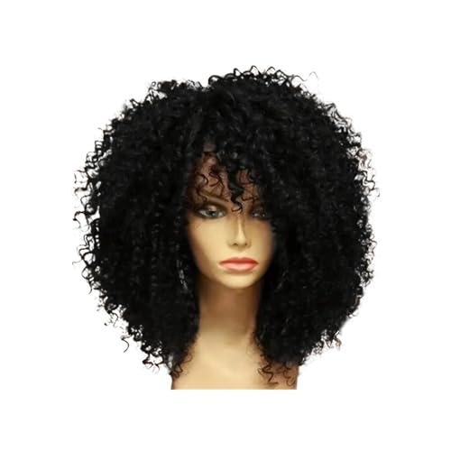 16 Zoll Afro Kinky Curly Perücken for schwarze Frauen Natürlich aussehende kurze Perücke mit Pony Keine Lace Front Synthetisches Haar for den täglichen Gebrauch(Black) von QRSTUVXZY