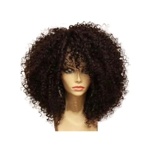 16 Zoll Afro Kinky Curly Perücken for schwarze Frauen Natürlich aussehende kurze Perücke mit Pony Keine Lace Front Synthetisches Haar for den täglichen Gebrauch(Black Brown) von QRSTUVXZY