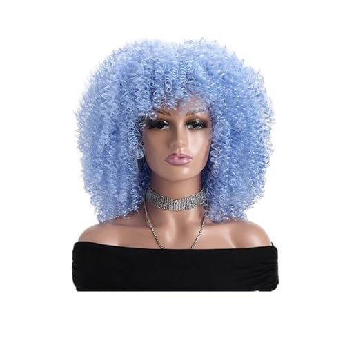 16 Zoll Afro Kinky Curly Perücken for schwarze Frauen Natürlich aussehende kurze Perücke mit Pony Keine Lace Front Synthetisches Haar for den täglichen Gebrauch(Blue) von QRSTUVXZY