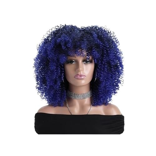 16 Zoll Afro Kinky Curly Perücken for schwarze Frauen Natürlich aussehende kurze Perücke mit Pony Keine Lace Front Synthetisches Haar for den täglichen Gebrauch(Dark Blue) von QRSTUVXZY