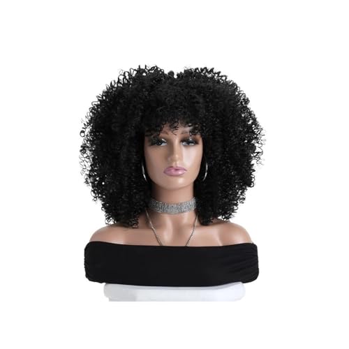 16 Zoll Afro Kinky Curly Perücken for schwarze Frauen Natürlich aussehende kurze Perücke mit Pony Keine Lace Front Synthetisches Haar for den täglichen Gebrauch(Jet black) von QRSTUVXZY