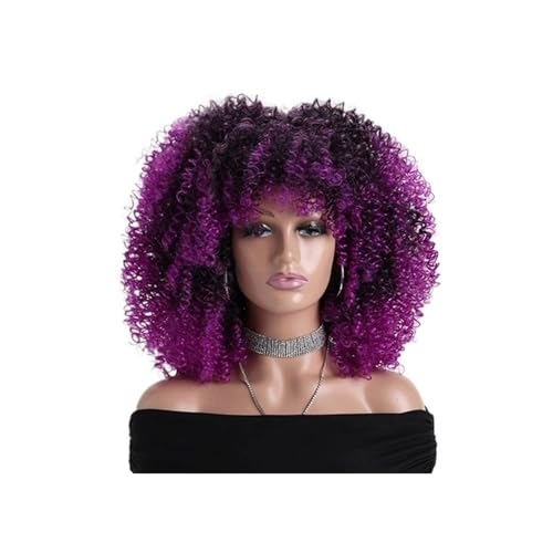 16 Zoll Afro Kinky Curly Perücken for schwarze Frauen Natürlich aussehende kurze Perücke mit Pony Keine Lace Front Synthetisches Haar for den täglichen Gebrauch(Purple) von QRSTUVXZY