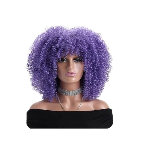 16 Zoll Afro Kinky Curly Perücken for schwarze Frauen Natürlich aussehende kurze Perücke mit Pony Keine Lace Front Synthetisches Haar for den täglichen Gebrauch(Purplish Blue) von QRSTUVXZY