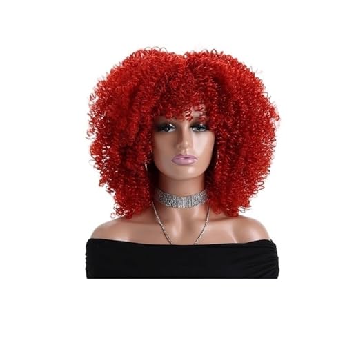 16 Zoll Afro Kinky Curly Perücken for schwarze Frauen Natürlich aussehende kurze Perücke mit Pony Keine Lace Front Synthetisches Haar for den täglichen Gebrauch(Wine Red) von QRSTUVXZY
