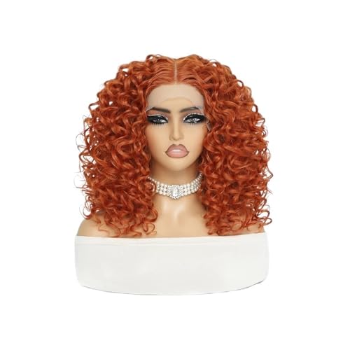 16“ kurze Afro verworrene lockige Perücke 13x4x1 Zoll synthetische Lace Front Perücken for Frauen(Orange red) von QRSTUVXZY