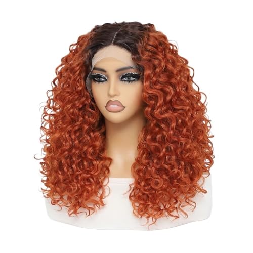 20 Zoll lockige synthetische Lace Front Perücke for Frauen schwarz T Teil 13 x 4,5 x 1 Lace Frontal Perücke(Brownish red) von QRSTUVXZY