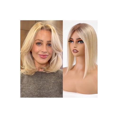 4,5 x 5 Zoll Echthaar-Perücken, Schweizer Spitzen-Clip-Stücke, glatte Topper-Haare for Frauen, decken Haarausfall oder graue Haarpartien ab (14 Zoll)(Ombre blonde) von QRSTUVXZY