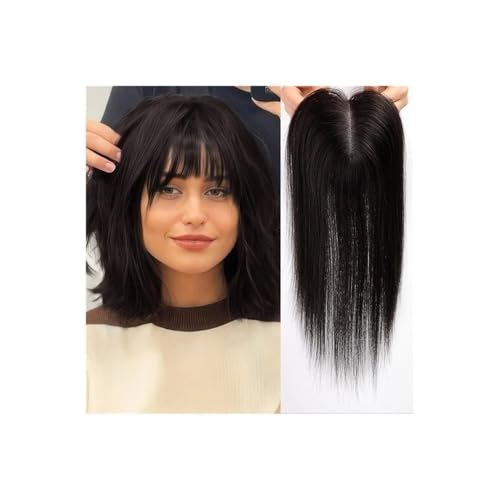 4,5 x 5 Zoll Echthaar-Perücken mit Pony, Schweizer Spitzen-Clip-Stücke, glatte Topper-Haare for Frauen, decken Haarausfall oder graue Haarpartien ab (14 Zoll)(Black) von QRSTUVXZY