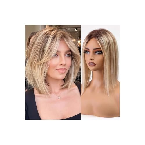 4,5 x 5 Zoll Echthaar-Perücken mit Pony, Schweizer Spitzen-Clip-Stücke, glatte Topper-Haare for Frauen, decken Haarausfall oder graue Haarpartien ab (14 Zoll)(Ombre Blonde Mix Brown) von QRSTUVXZY