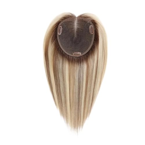 6x5 Zoll Lage Swiss Base Echthaar-Topper 12 Zoll Echthaar-Topper for Frauen mit dünner werdenden Haarspangen in Remy-Haarteil(Blonde with Dark Brown Roots) von QRSTUVXZY