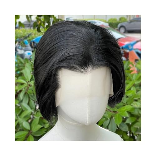 8 Zoll tiefschwarze synthetische Perücken 13x4 Lace Front klebefreier kurzer Bob-Schnitt Cosplay-Perücken for Frauen 150 Dichte von QRSTUVXZY