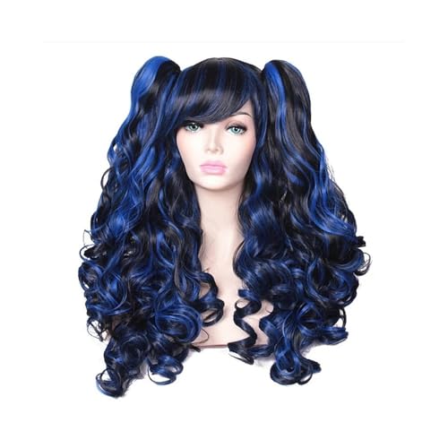 Damen Kunsthaar 24 Zoll lange lockige Cosplay-Perücke Halloween-Perücken for Partys mit 2 Pferdeschwänzen(Black mix blue) von QRSTUVXZY