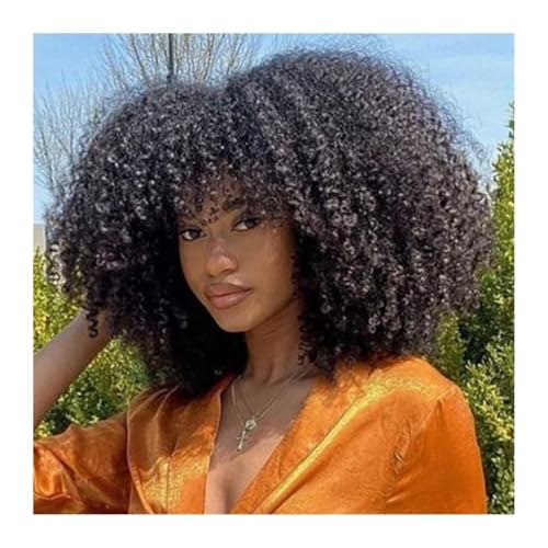 Damen Perücke 12-Zoll-Afro-Perücken mit verworrener Lockenpracht, synthetische Perücke, kurze lockige Perücke mit Pony, natürliches Schwarz, for den täglichen Gebrauch, ohne Kleber, Hochtemperaturhaar von QRSTUVXZY