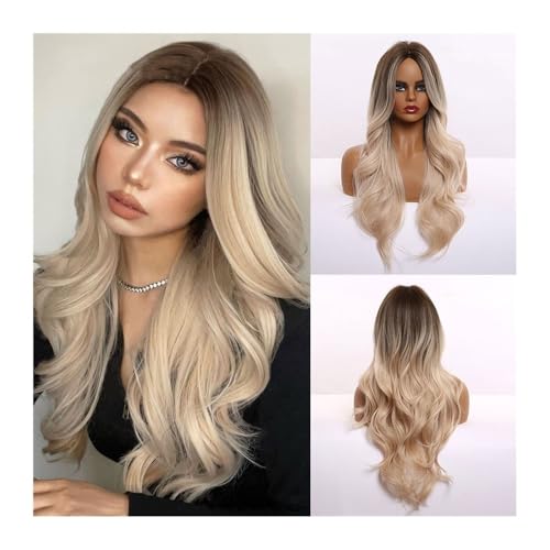 Damen Perücke 26 Zoll Ombre Braun Hellblond Platin Lange gewellte Mittelscheitel-Haarperücke Cosplay Natürlich hitzebeständige Kunsthaarperücke for Frauen Hair Wig von QRSTUVXZY
