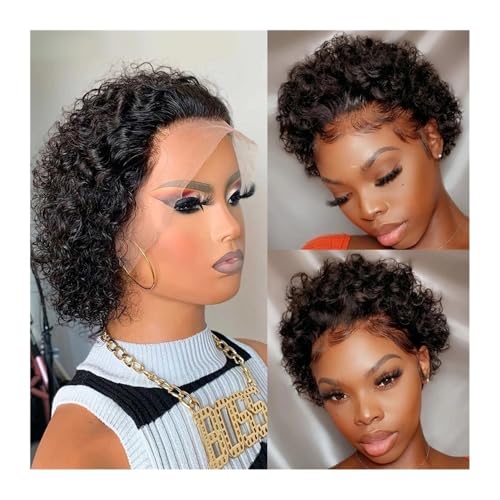 Damen Perücke 6 Zoll kurze lockige Perücken aus menschlichem Haar Remy-Haar 13 x 1 transparente Spitzenperücken for Frauen Hair Wig von QRSTUVXZY