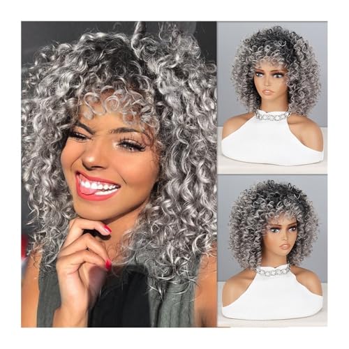 Damen Perücke Afro Kinky Curly Perücken mit Pony for synthetische Perücken Naturhaar Silbergraue Perücke Cosplay Hitzebeständige Faser Hair Wig von QRSTUVXZY