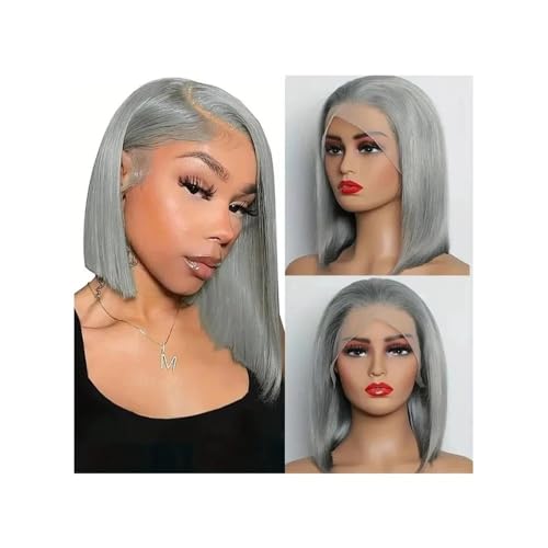 Damen Perücke Brasilianische Remy 13x4 gerade silbergrau gefärbte transparente Spitze-Front-Perücke Echthaar kurze Bob Pixie Cut Frontal-Perücken ohne Kleber Hair Wig(12INCHES) von QRSTUVXZY