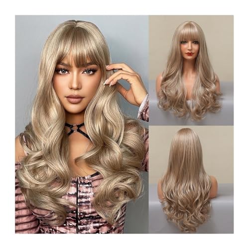 Damen Perücke Hellaschbraune Kunsthaarperücke mit Pony, lange, gewellte Perücke mit Pony for Frauen, natürliche Hochtemperaturfaserperücken for den täglichen Gebrauch bei Partys und Cosplay Hair Wig von QRSTUVXZY