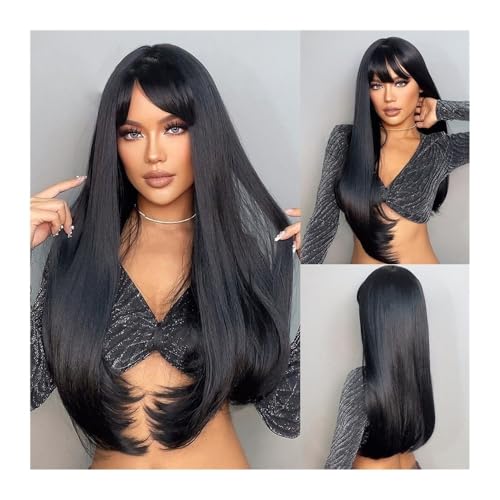 Damen Perücke Lange, glatte Kunsthaarperücke mit Pony, dunkelschwarz-graue Haarperücke for Damen, weiche, bequeme, hitzebeständige, geschichtete Faserperücke for Cosplay/den täglichen Gebrauch Hair Wi von QRSTUVXZY