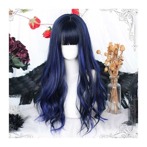 Damen Perücke Schwarz-blaue Perücken mit ordentlichem Pony for Frauen, lange lockige gewellte Haarperücke mit Pony, natürliche synthetische Cosplay-Ersatzperücke Hair Wig von QRSTUVXZY