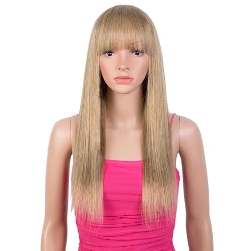 Dunkelblonde, glatte Echthaarperücken mit Pony for Frauen, brasilianisches Remy-Haar, komplett maschinengefertigt, klebefrei, Wear and Go-Perücken(20inch) von QRSTUVXZY