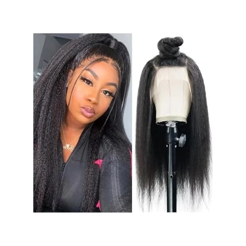 Echthaar-Spitzenfrontperücken ohne Kleber for Frauen, 13 x 4, Yaki, verworren, glatt, HD, transparente Spitze, vorgezupft, 180 Dichte, natürliche schwarze Farbe(20inch) von QRSTUVXZY