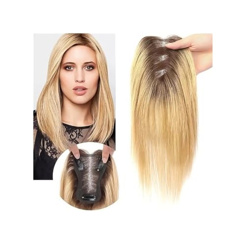 Hair Topper for Women 10-Zoll-Perücken aus Kunsthaar mit Pony, 11 x 8 cm lange Clip-Inseln mit Seidenbasis und geraden Topper-Haaren(Brown+dark Blonde) von QRSTUVXZY