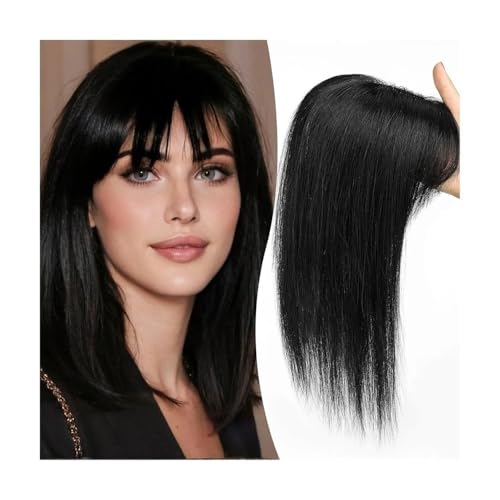Hair Toppers für Frauen 12-Zoll-Echthaar-Topper mit Pony, 10 x 12 cm Spitzenbasis-Topper, Haarteile, gerader Clip-in-Echthaar-Topper for Frauen mit dünner werdendem Haar/Haarausfall(Black) von QRSTUVXZY