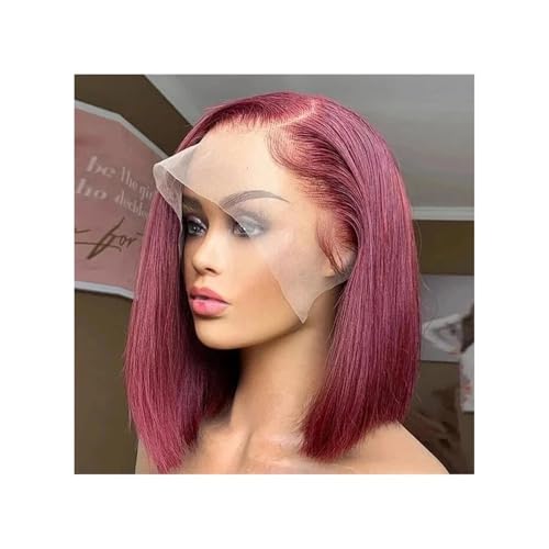 Hair Toppers für Frauen Burgunder Bob Lace Frontal Perücke Echthaar 13x4 Glatt 180 Dichte Transparent Rot Farbe Lace Front Perücken Bob Echthaar(16inches) von QRSTUVXZY