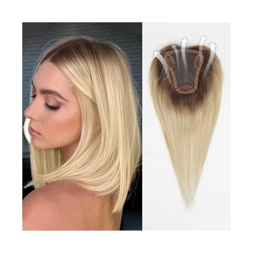 Hair Toppers für Frauen Echthaar-Topper, 9 x 10 cm, Spitzenbasis, Clips im Haar, 10 Zoll lang, Remy-Echthaar-Topper for Frauen(Blonde Dark Root) von QRSTUVXZY