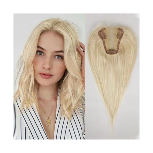 QRSTUVXZY Echthaar-Topper, 9 x 10 cm, Spitzenbasis, Clips im Haar, 10 Zoll lang, Remy-Echthaar-Topper für Frauen (Light Blonde) von QRSTUVXZY