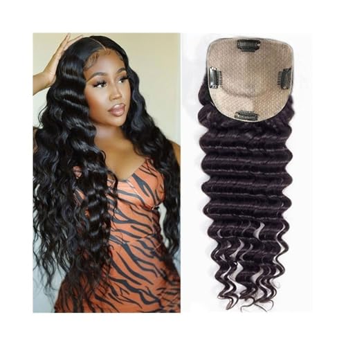 Hair Toppers für Frauen Tiefgewellte Haar-Topper, atmungsaktiv, 12,7 x 12,7 cm, Basis-Topper mit Schweizer Spitze, 20,3–55,9 cm, brasilianische Echthaarteile mit Baby-Haarspange, gewellte, lockige Haa von QRSTUVXZY