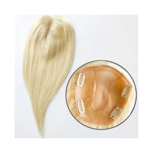 Hair Toppers für Frauen Topper mit Seidenbasis for Frauen, 14 x 16 cm, glattes Haarteil aus unbehandeltem Menschenhaar, 4 Clips for kahle Spitzen um den Topper(14 inches) von QRSTUVXZY