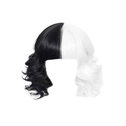 Halb schwarz weiß Perücke mit Pony Frauen Mädchen kurze lockige gewellte Perücken Halloween Cosplay Kostüm Party von QRSTUVXZY