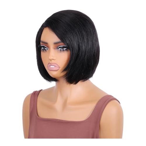 Kurze Pixie-Perücke mit geradem Bob, rechter Seitenscheitel, Spitze, Echthaarperücke for Frauen, klebefreie brasilianische Remy-Haarperücke von QRSTUVXZY