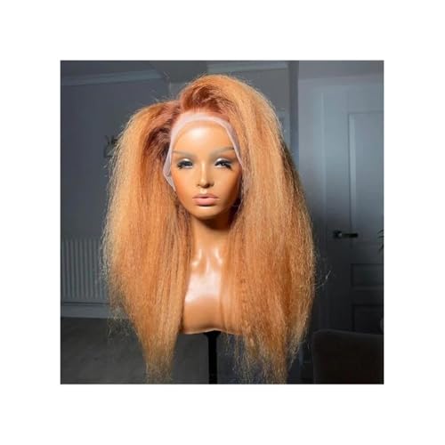 Ombre Braun Blonde Kinky Straight Lace Front Perücken for schwarze Frauen, vorgezupfte hitzebeständige Lace Front Yaki Perücke 180 Dichte(28inch) von QRSTUVXZY